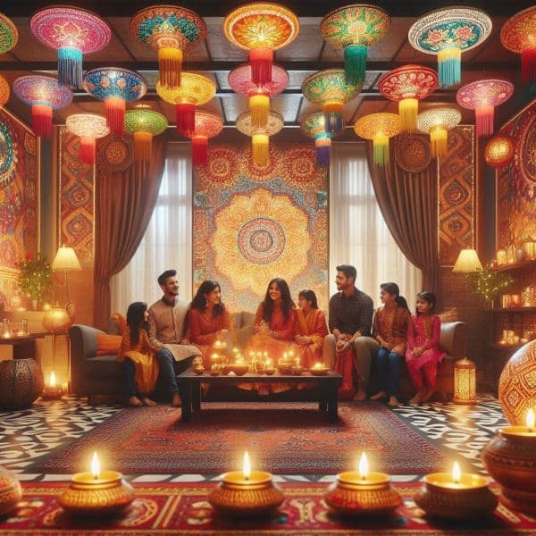Homes illuminated with diyas and lights during Diwali