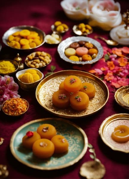 Traditional Diwali sweets and snacks arranged for celebration