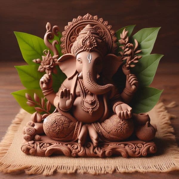 Traditional Ganesha idol with decorations and offerings