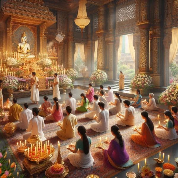 Devotees performing Guru Puja with offerings