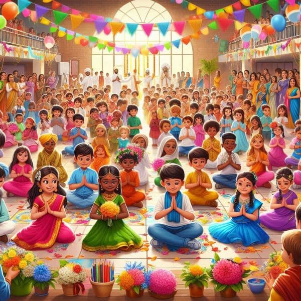 Children offering prayers to their teacher