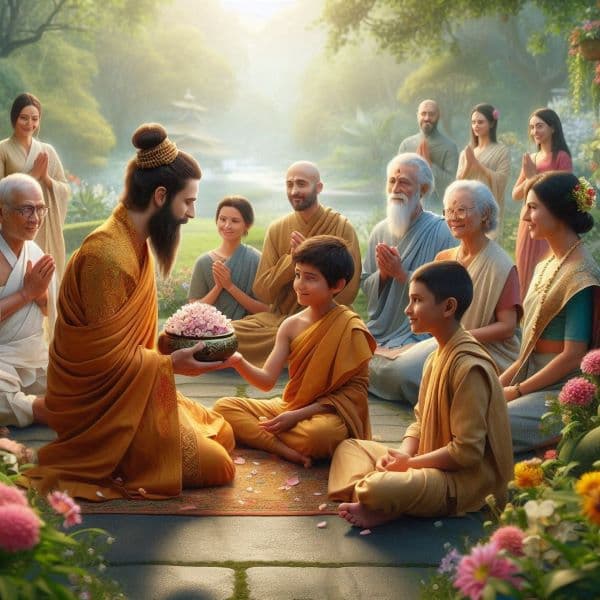 Disciples receiving blessings from their spiritual guru
