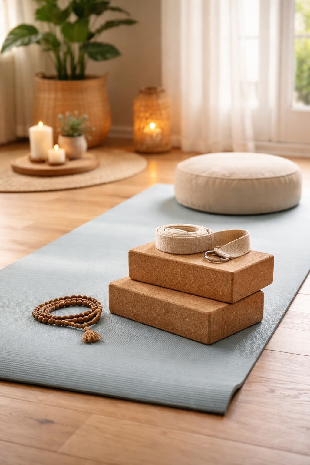 Beginner yoga mat and blocks in a peaceful room
